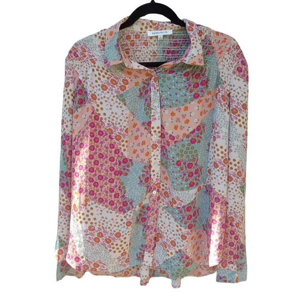 Rose & Olive Button Up Shirt Floral Patchwork Design Blue Pink Orange Size Med - Picture 1 of 9